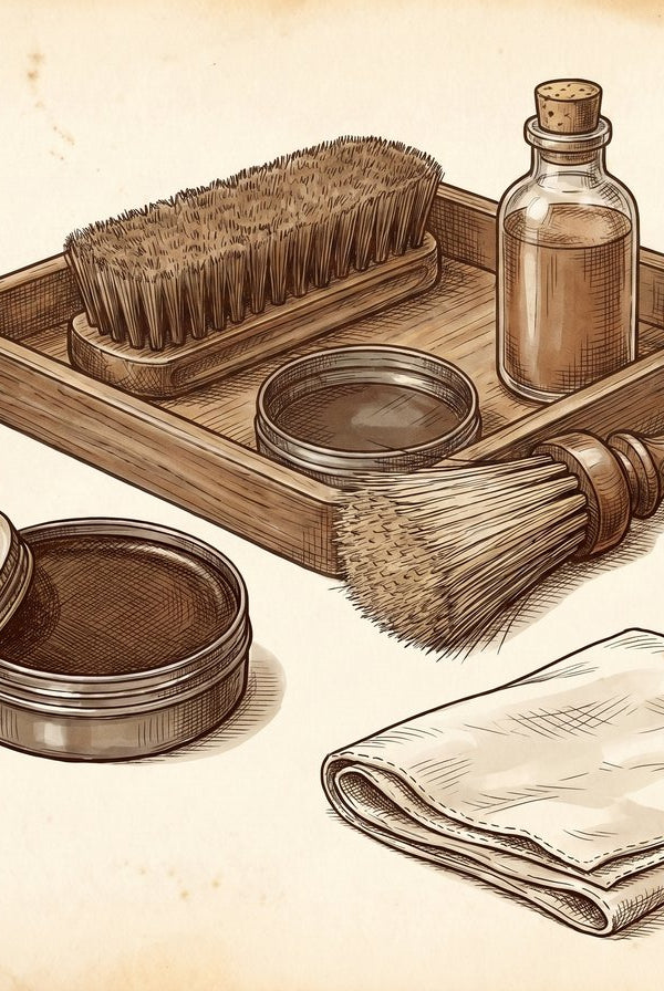 A vintage pen and ink illustration of a gentleman's valet tray. On the tray are several shoe care items: a horsehair brush, a round tin of wax polish, a small glass bottle of leather conditioner, and a soft cotton cloth, all arranged neatly.