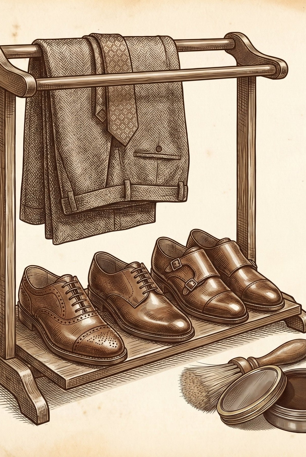 Vintage illustration of polished men's dress shoes arranged on a valet stand — the perfect interview footwear