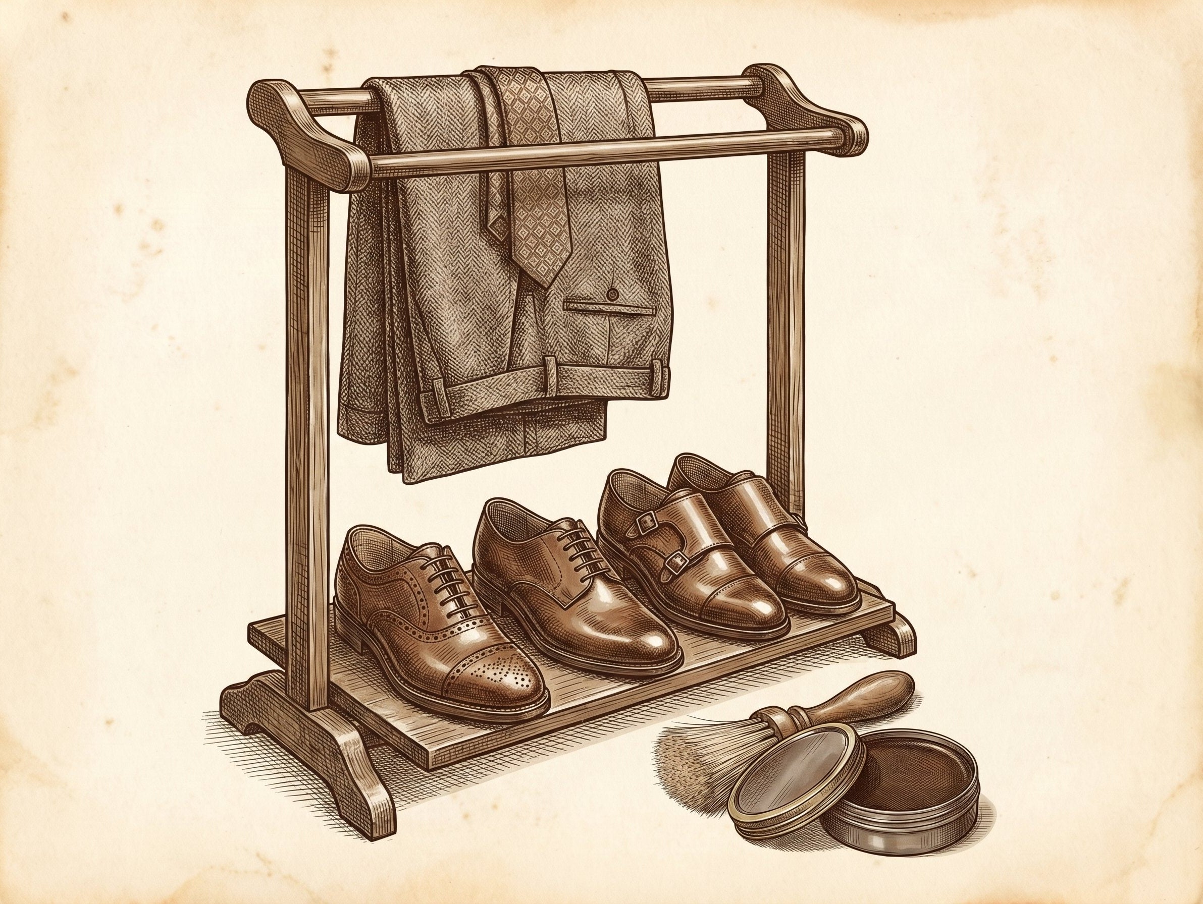 Vintage illustration of polished men's dress shoes arranged on a valet stand — the perfect interview footwear