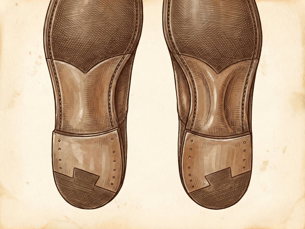 A vintage, cross-hatched pen and ink illustration showing a close-up, side-by-side comparison of a bevelled waist and a fiddleback waist on two classic Oxford shoes. The style is that of an old shoemaker's technical manual.
