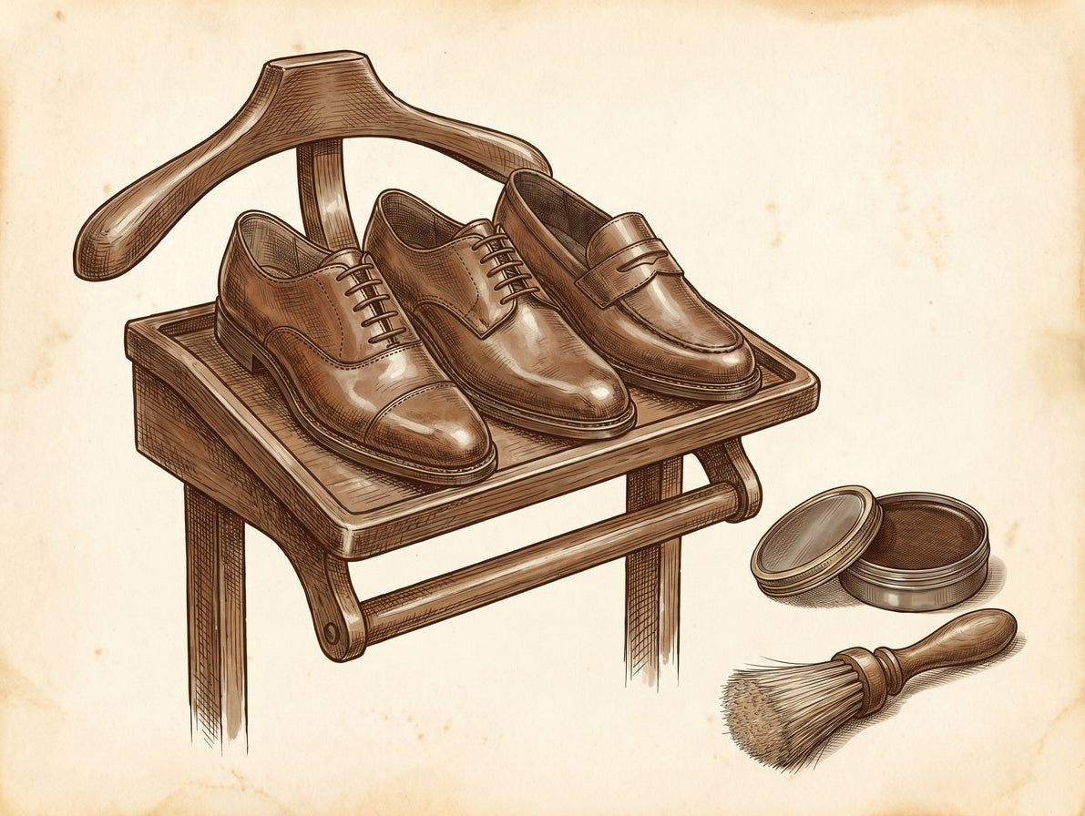 A vintage-style pen and ink illustration showing three classic men's shoes—an Oxford, a Derby, and a Loafer—arranged on a wooden valet stand. Beside them, a tin of wax polish and a horsehair brush.