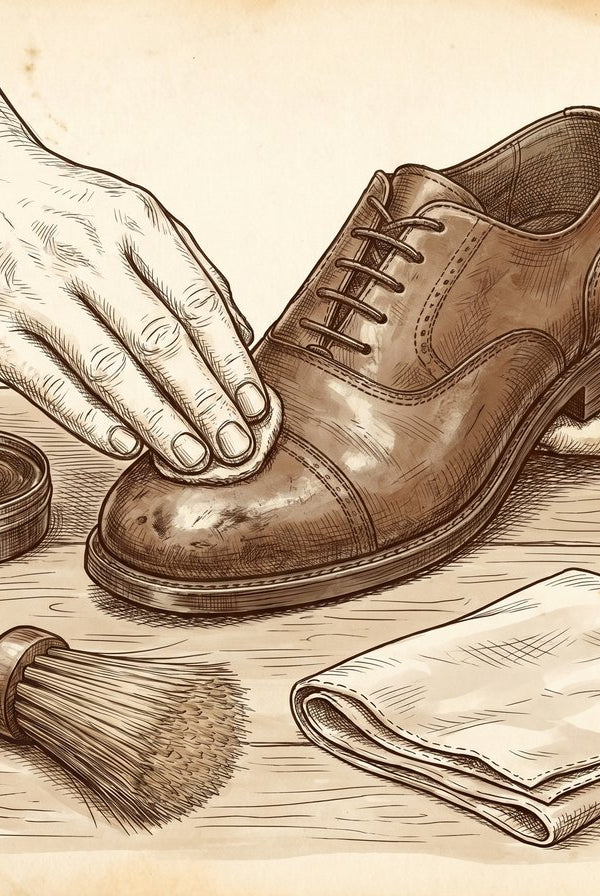 A vintage-style pen and ink illustration showing a close-up of a man's hands meticulously applying cream polish from a round tin onto the scuffed toe of a classic Oxford shoe. A horsehair brush and a soft cloth rest beside it on a wooden surface.