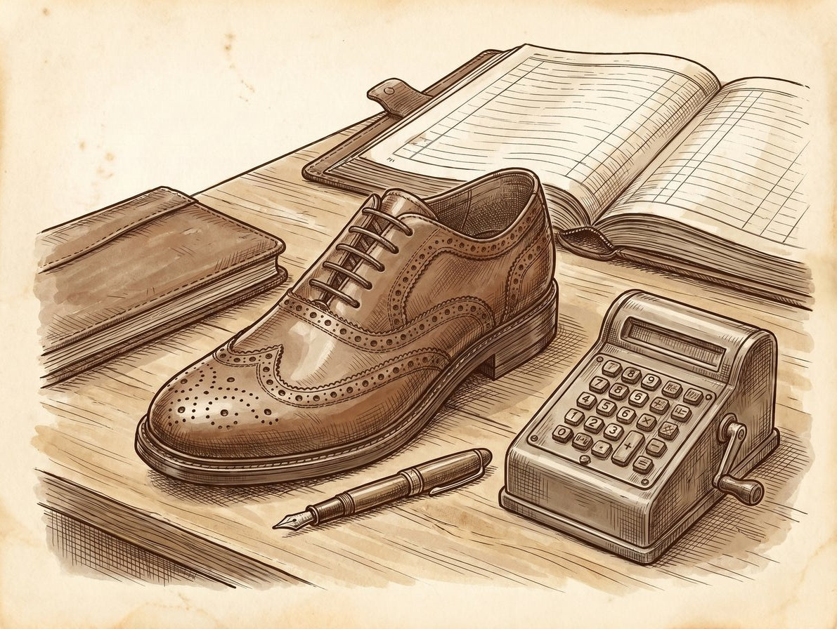 A close-up, vintage pen-and-ink drawing of a classic leather brogue sitting next to a calculator and a fountain pen on a wooden desk. A ledger book is visible in the background.