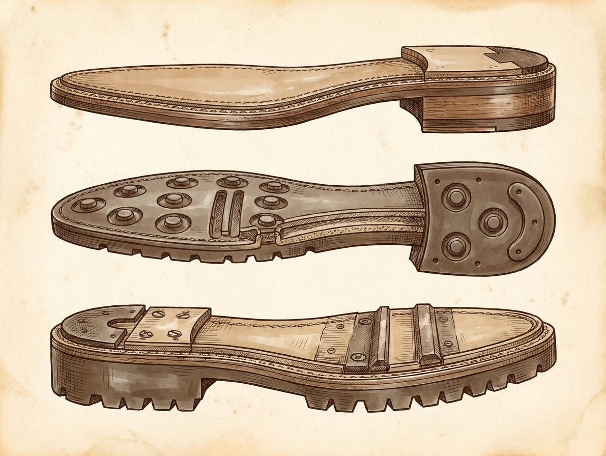 A close-up, vintage pen-and-ink technical drawing showing a cross-section of three different shoe soles. One is a smooth leather sole, one is a studded Dainite sole, and the third is a rugged Commando sole, with callouts labelling the different features.