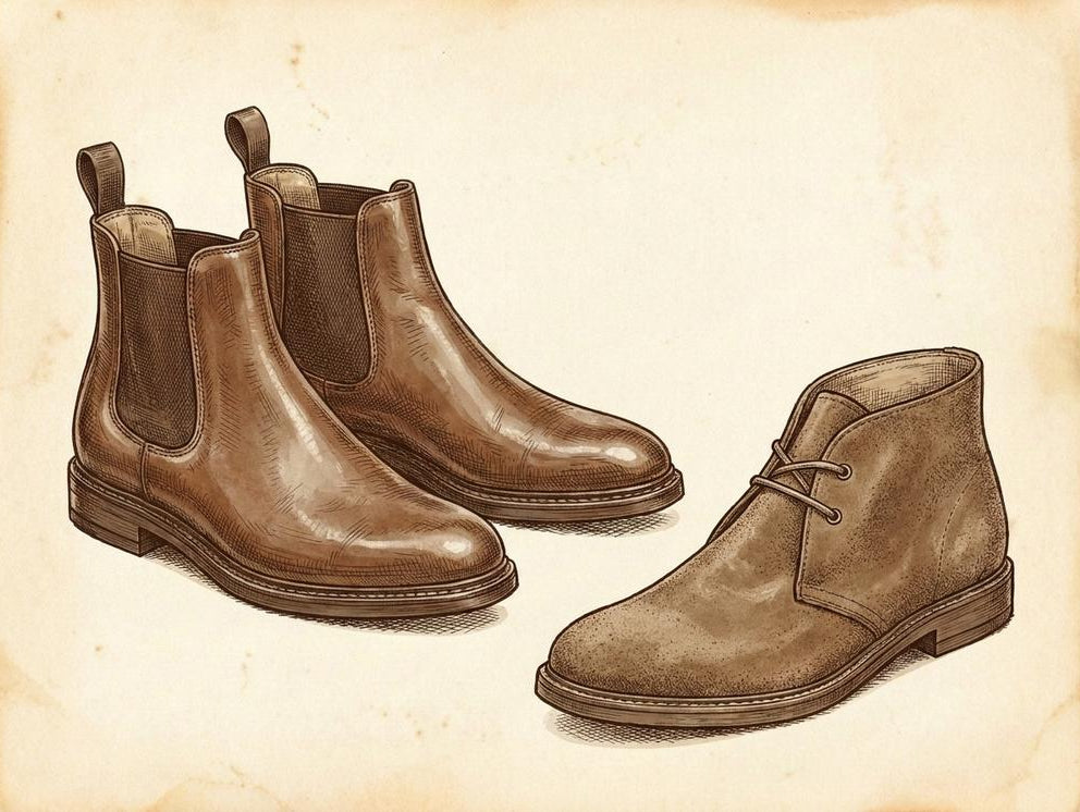 a pair of premium brown leather Chelsea boots and a suede chukka boot, pen-and-ink heritage illustration style