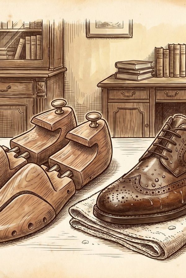 A vintage pen and ink drawing of a pair of cedar shoe trees next to a damp leather brogue resting on a towel. The scene is quiet and orderly, set in a classic gentleman's study.