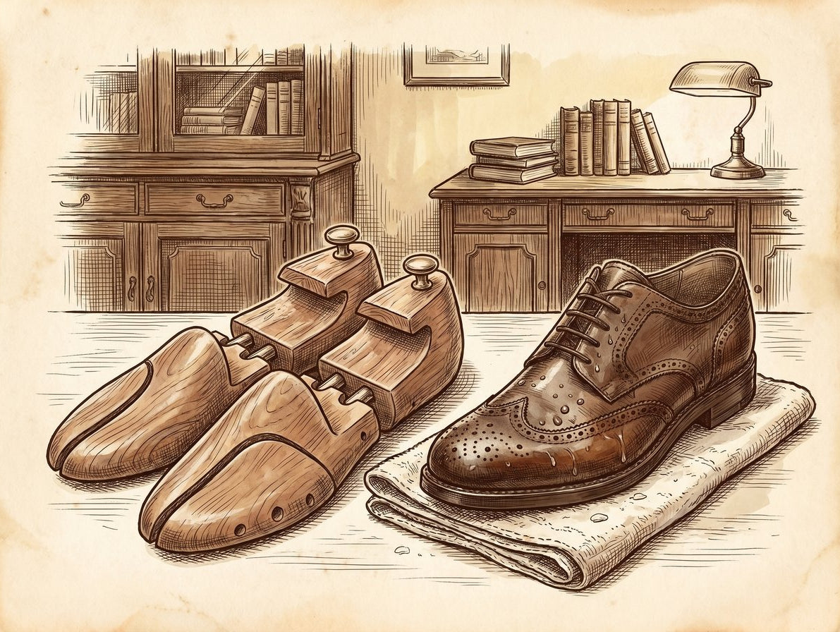 A vintage pen and ink drawing of a pair of cedar shoe trees next to a damp leather brogue resting on a towel. The scene is quiet and orderly, set in a classic gentleman's study.