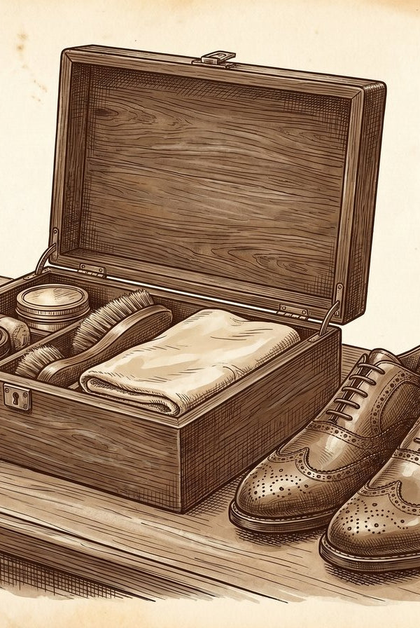 A vintage pen & ink illustration of a wooden valet box, open on a gentleman's dressing table. Inside, horsehair brushes, tins of polish, and a soft cotton cloth are neatly arranged. A pair of polished leather brogues sits beside the box.