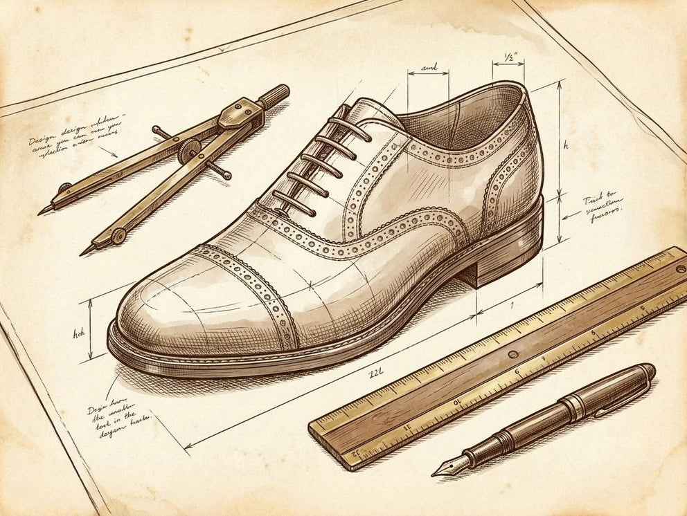 A close-up, vintage architectural drawing of a classic Oxford shoe. Compasses, rulers, and a fountain pen are laid beside the vellum, with faint design notes and measurements in the margins.