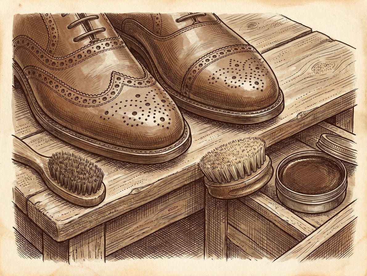 A close-up, pen and ink sketch of the toe caps of a full brogue and a semi-brogue side-by-side on a wooden cobbler's bench. A small brush and tin of polish sit nearby.