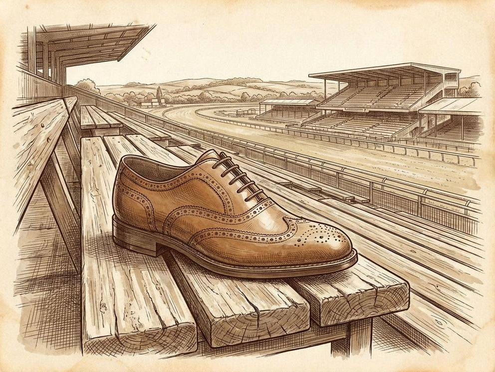 Gentleman's tan Oxford shoe resting on a wooden grandstand bench, Glorious Goodwood racecourse in soft background, sepia pen-and-ink style, late summer afternoon light