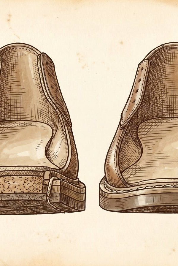 A vintage technical drawing or patent illustration showing a cross-section of a Goodyear welted shoe and a Blake stitched shoe, with parts labelled in an elegant script. The style should be reminiscent of early 20th-century engineering diagrams.