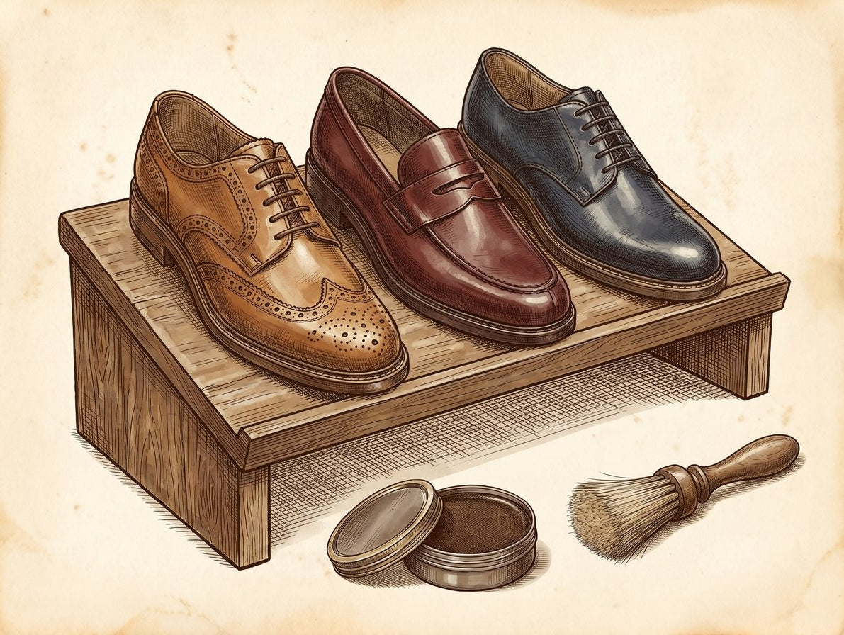 A vintage, cross-hatched ink illustration showing three men's dress shoes—a tan brogue, an oxblood loafer, and a navy derby—arranged neatly side-by-side on a wooden valet stand. A tin of shoe polish and a brush sit nearby.
