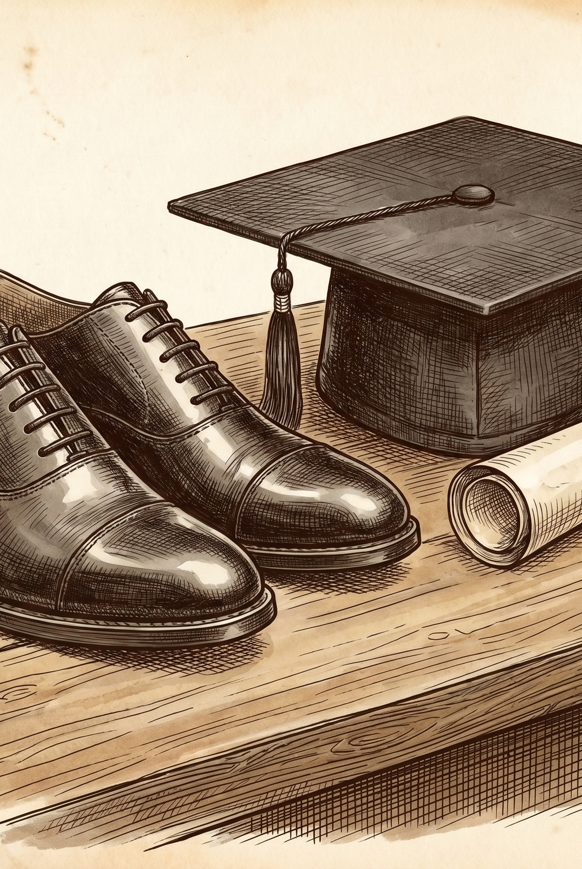 Vintage sepia pen and ink illustration of polished black Oxford dress shoes beside a graduation mortarboard and rolled diploma on a wooden desk