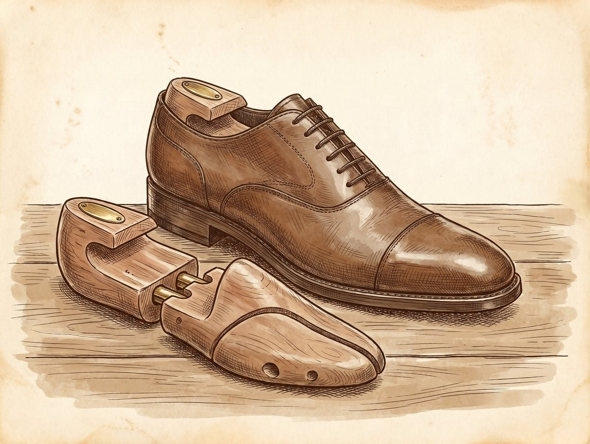 Cedar shoe trees inside a leather oxford with a second tree resting on a tailor's bench