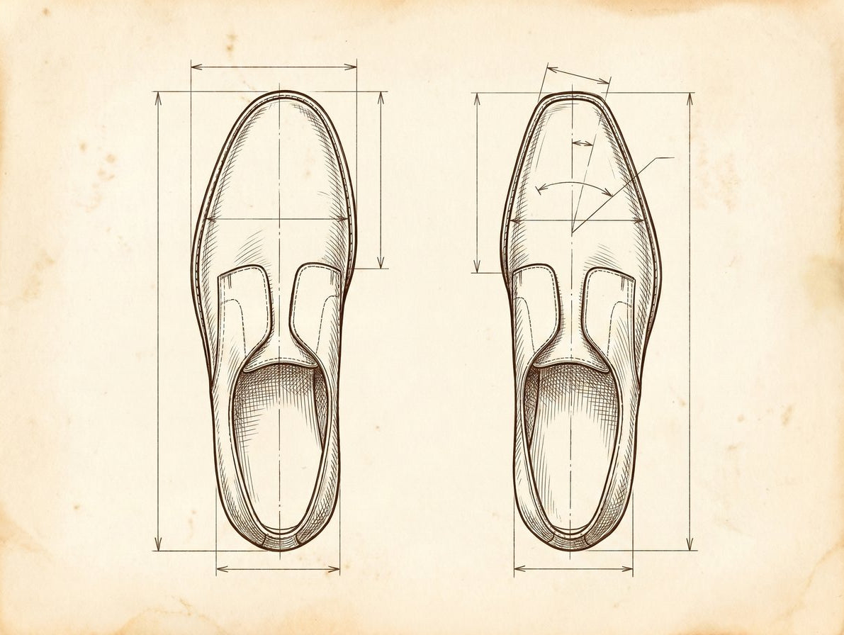A vintage-style pen and ink technical drawing showing the top-down profile of a classic round toe shoe next to a chisel toe shoe, with faint measurement lines and annotations.