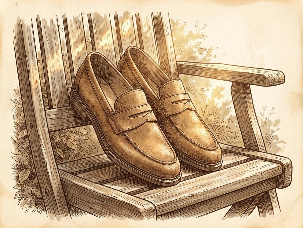 A pair of tan suede loafers resting on a garden chair with summer light, pen-and-ink illustration with sepia wash, heritage style, no text