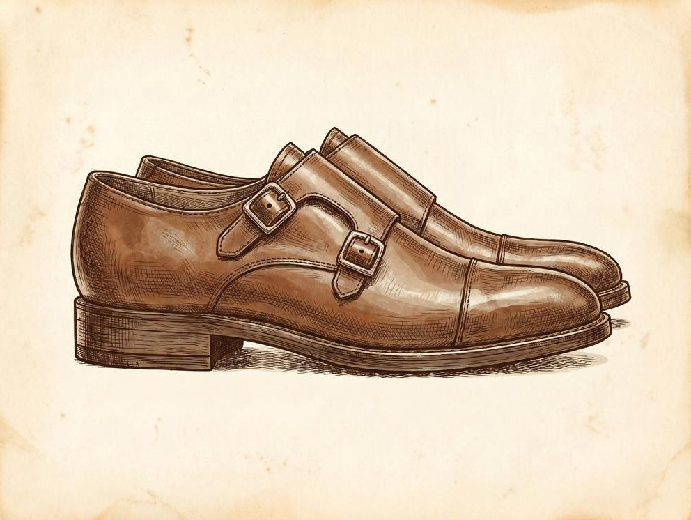 Double monk strap leather dress shoes with twin polished buckles, pen-and-ink style illustration, sepia tones, British heritage footwear, side profile view showing strap detail