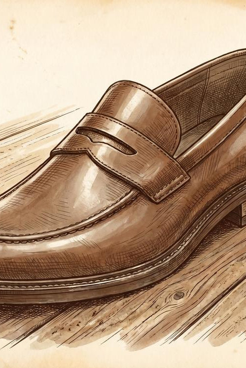 A sepia-toned close-up of a polished penny loafer on a wooden floor, the saddle strap and coin slot in sharp focus, soft afternoon light catching the grain of the leather — still life, no text