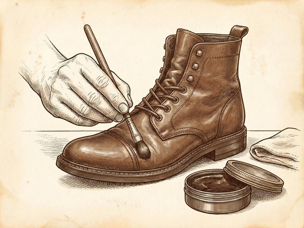 Pen-and-ink illustration of a welted shoe sole being conditioned