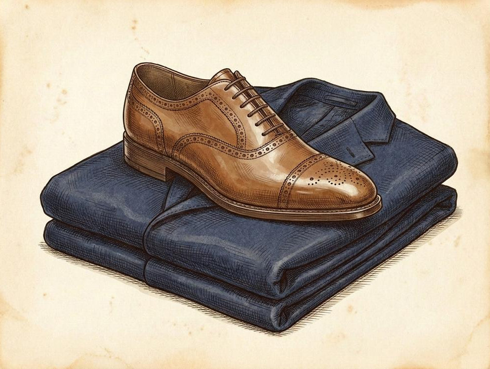 polished tan leather Oxford shoe resting on a folded navy wool suit, pen-and-ink illustration, sepia tones, heritage menswear mood