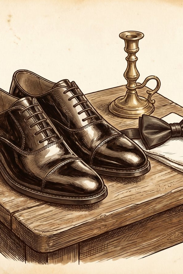 Vintage sepia pen and ink illustration of black patent leather Oxford cap-toe shoes with bow tie and pocket square — John White Shoes