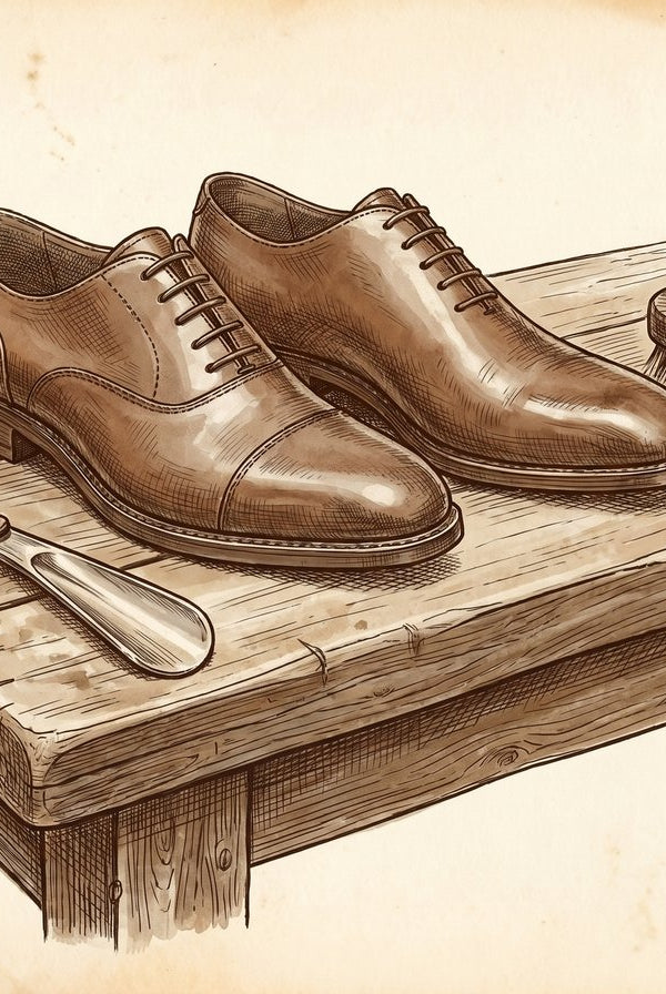 A vintage, cross-hatched ink illustration showing a cap-toe Oxford and a wholecut Oxford side-by-side on a wooden cobbler's bench, with a shoe horn and polishing brush nearby.