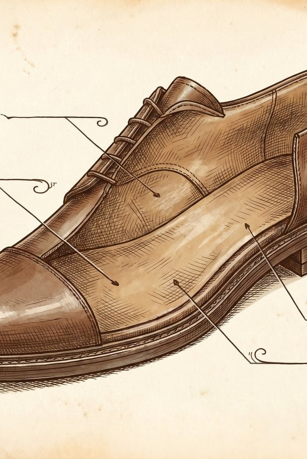 A close-up, vintage-style pen and ink technical drawing showing a cutaway view of a classic Derby shoe, highlighting the full leather lining on the interior quarter and vamp, with elegant callouts pointing to the "Full-Grain Calfskin Lining".