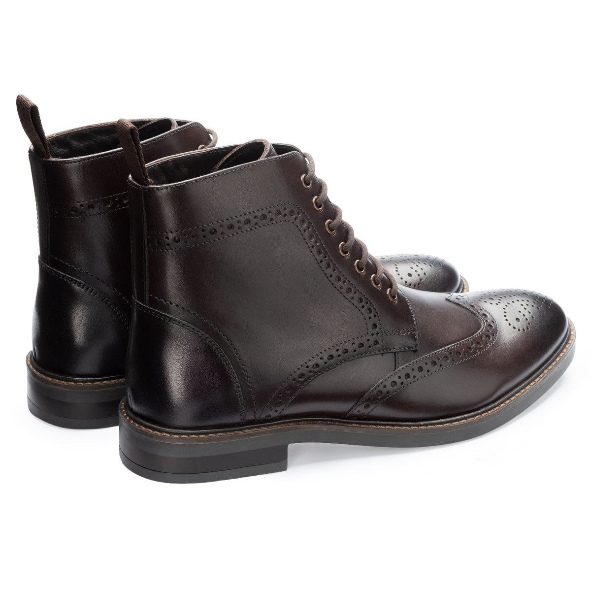 Aviemore Brogue Boot in Brown, the pair shown from behind at three-quarter angle