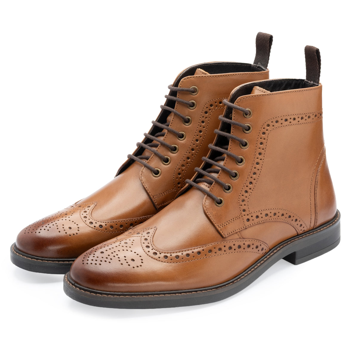 Aviemore Brogue Boot in Tan, the pair shown from the front at three-quarter angle