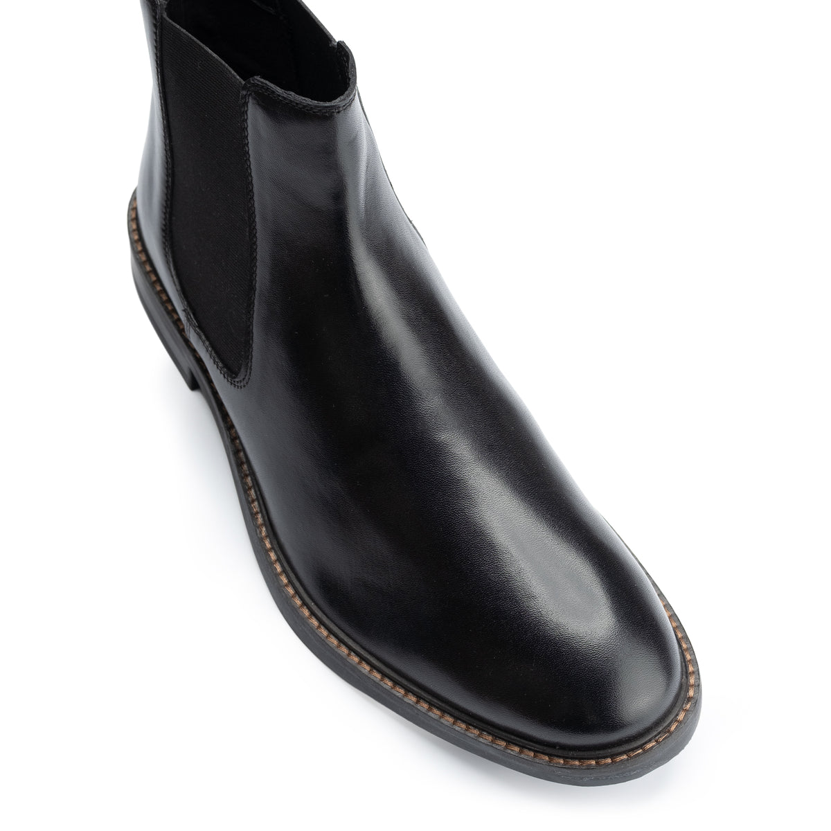 Bale Chelsea Boot in Black, close detail of the toe and upper