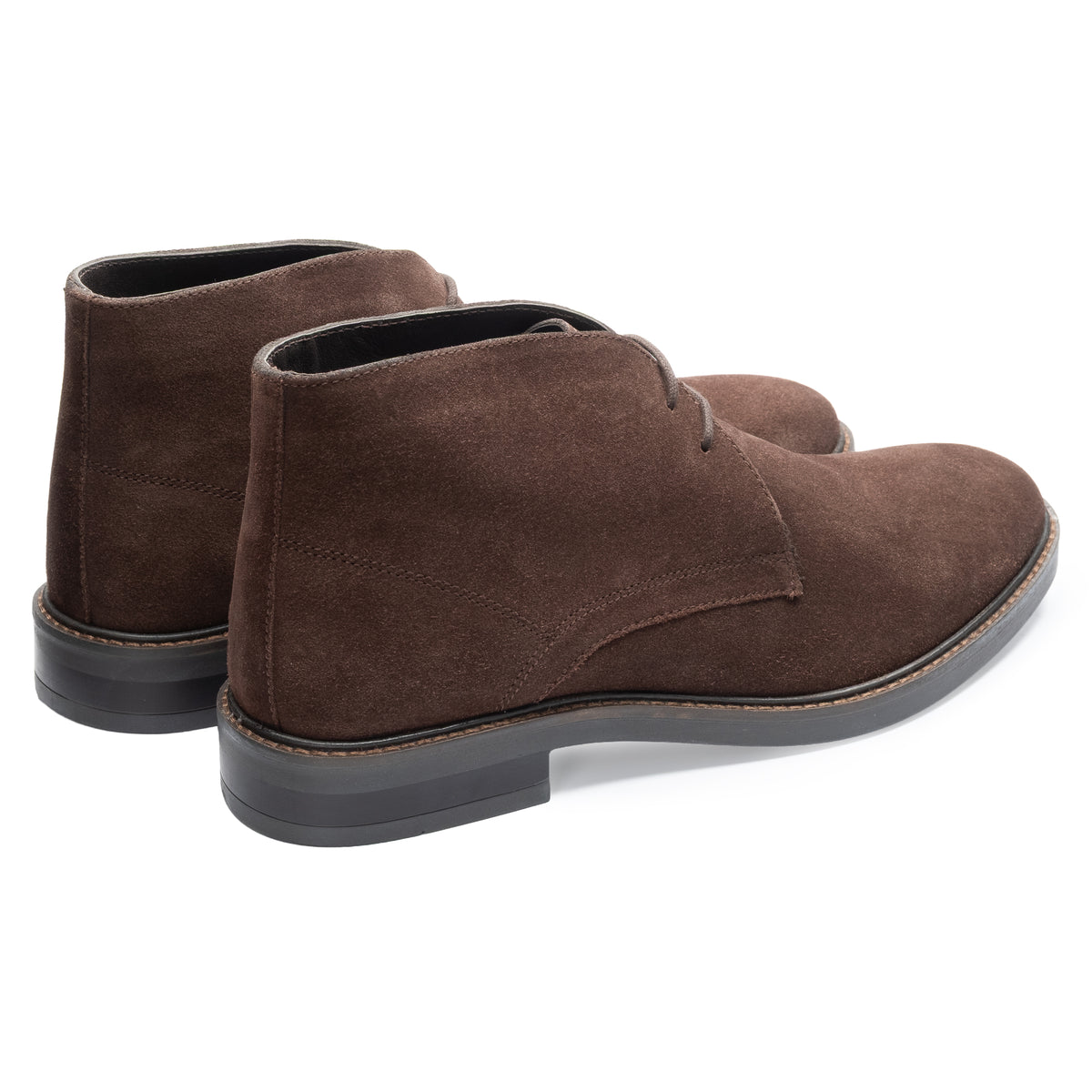 Oban Chukka Boot in Brown Suede, the pair shown from behind at three-quarter angle