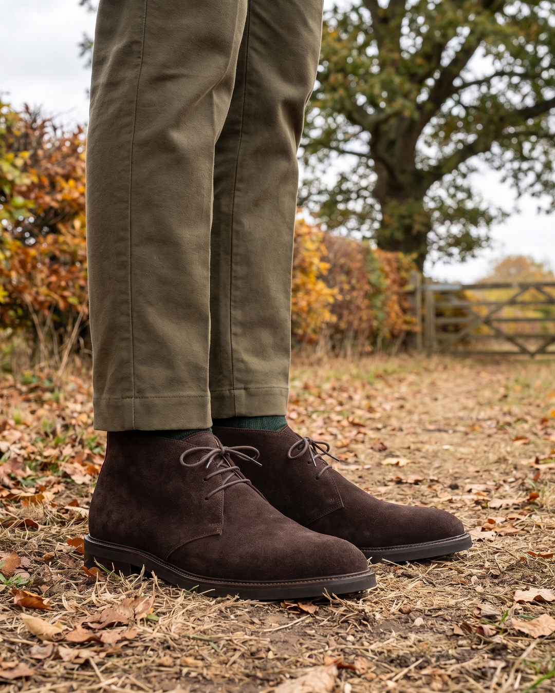 Wessex Chukka Suede Boot in Brown, worn with olive chinos and green socks on an autumn path