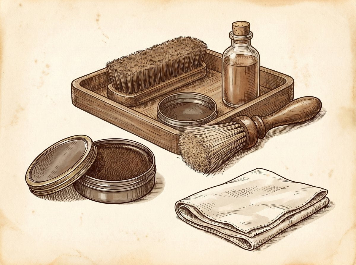 A vintage pen and ink illustration of a gentleman's valet tray. On the tray are several shoe care items: a horsehair brush, a round tin of wax polish, a small glass bottle of leather conditioner, and a soft cotton cloth, all arranged neatly.