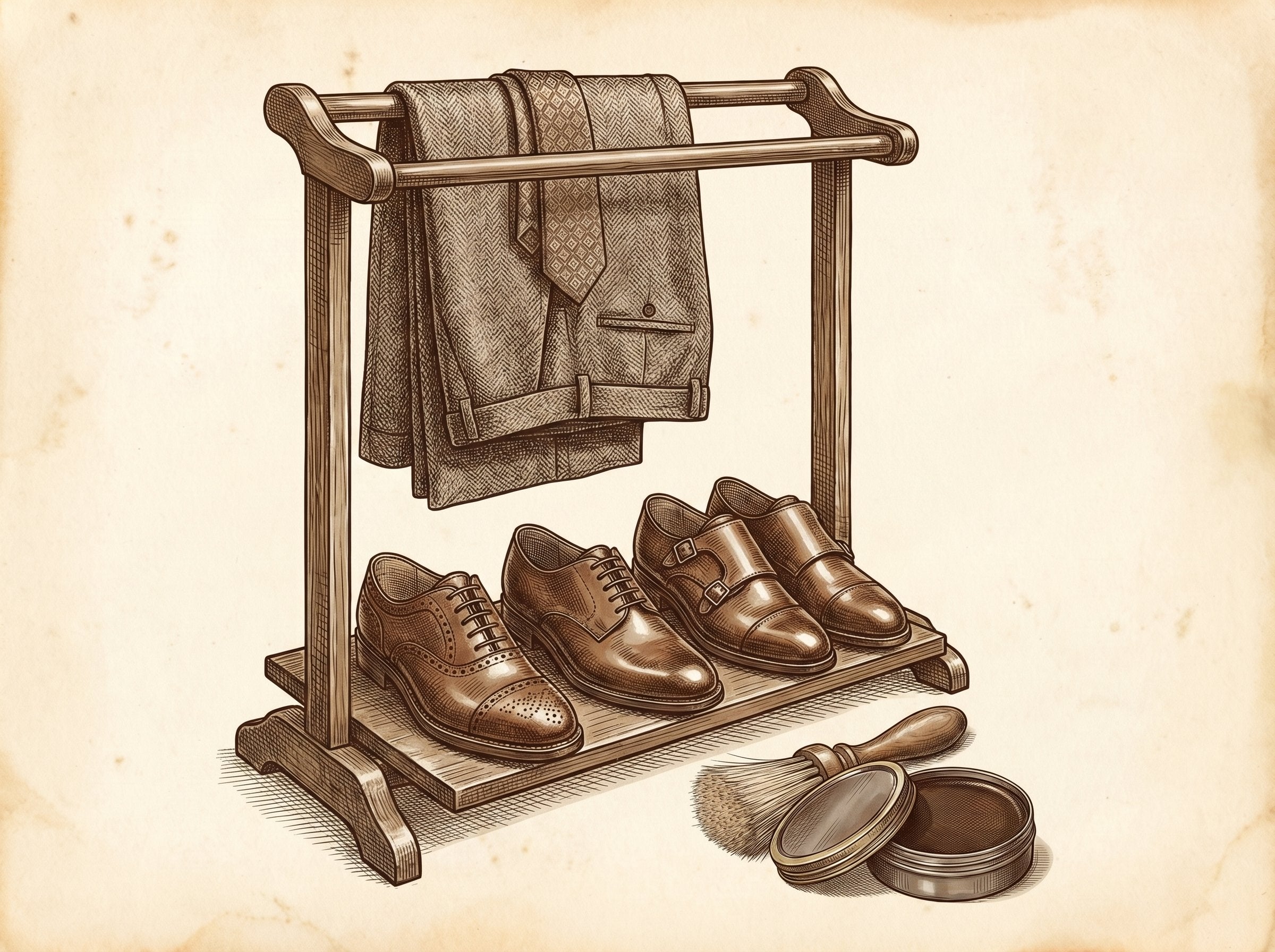 Vintage illustration of polished men's dress shoes arranged on a valet stand — the perfect interview footwear