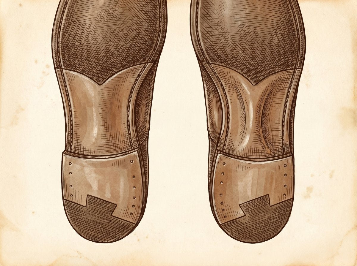 A vintage, cross-hatched pen and ink illustration showing a close-up, side-by-side comparison of a bevelled waist and a fiddleback waist on two classic Oxford shoes. The style is that of an old shoemaker's technical manual.