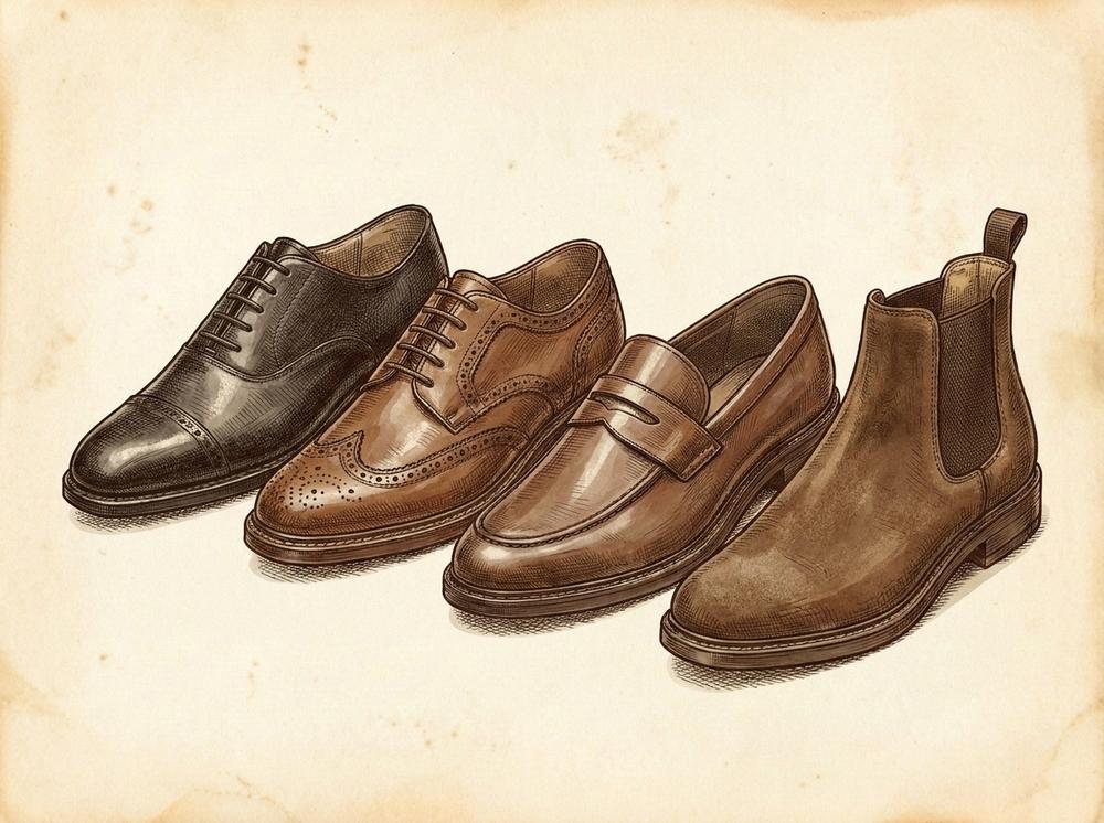 four classic men's leather shoes in a row - black Oxford, brown Derby, loafer and Chelsea boot, pen-and-ink heritage illustration style