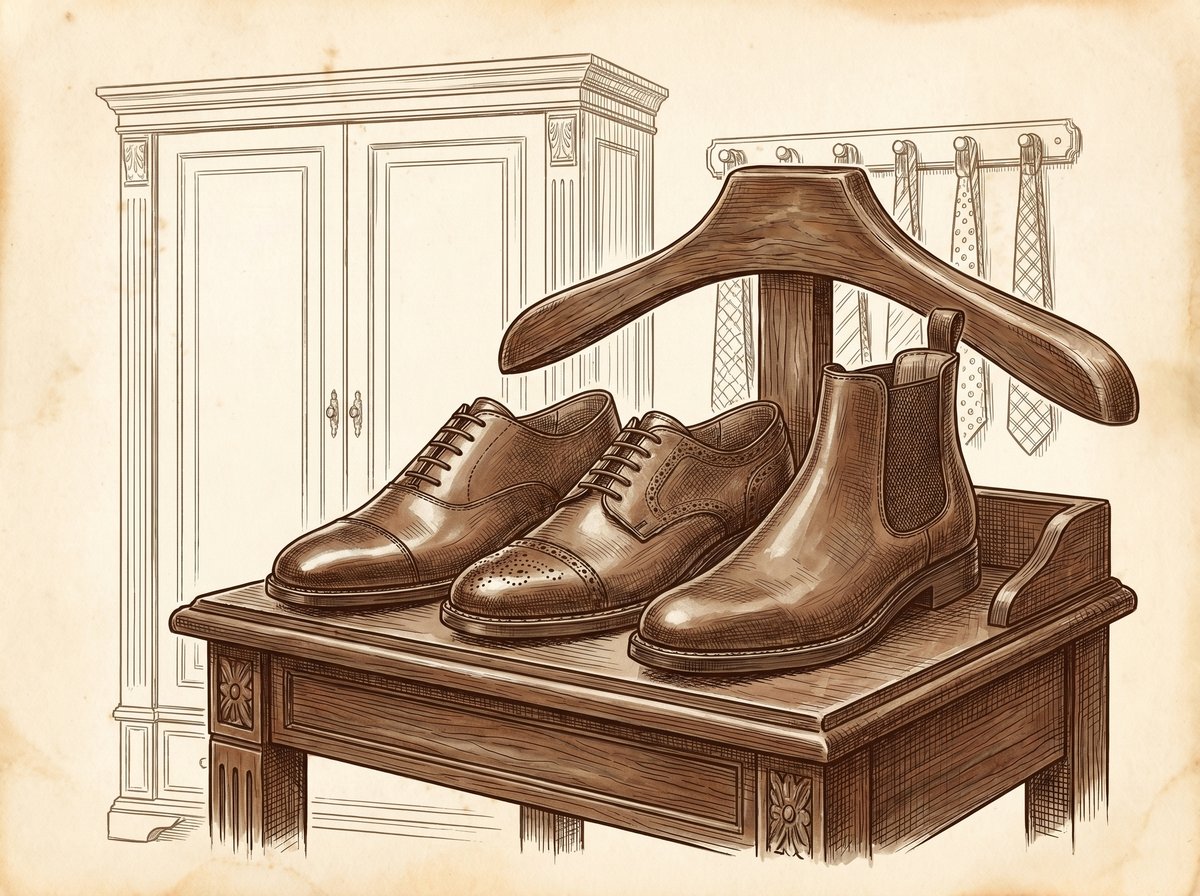 A vintage-style pen and ink architectural drawing of three men's shoes standing in a row on a wooden valet stand. The shoes are an Oxford, a Derby, and a Chelsea Boot. In the background, a hint of a classic wardrobe with a tie rack.