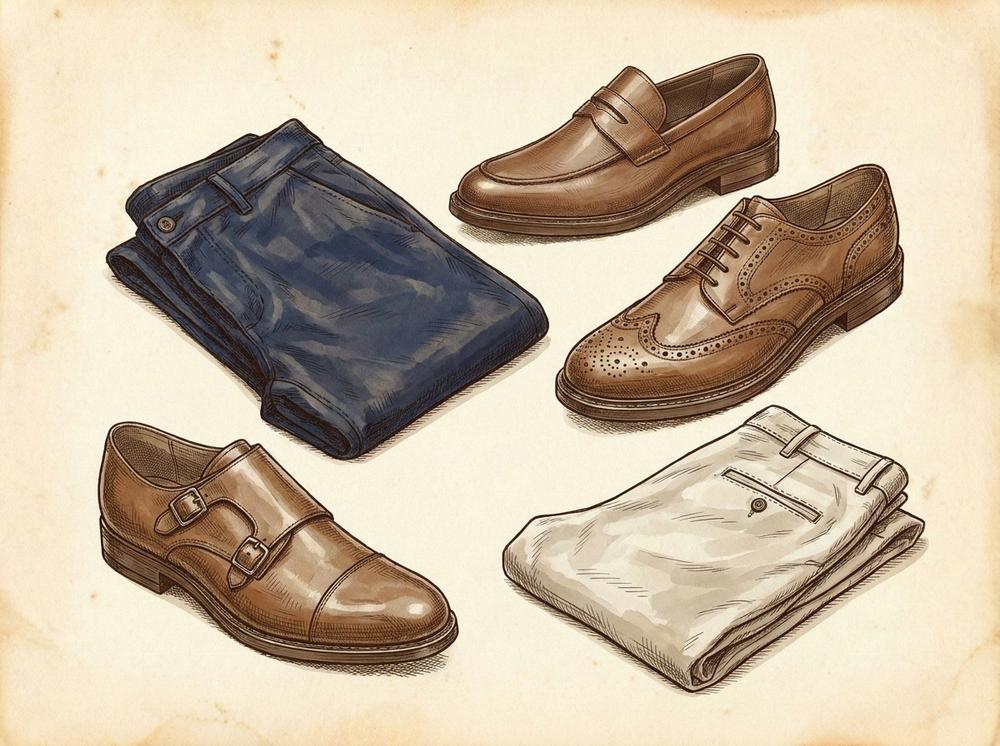A flat-lay composition of premium men's leather shoes — a tan loafer, a brogue derby, and a double monk strap — arranged alongside folded chinos in navy and stone, drawn in pen-and-ink with sepia wash tones