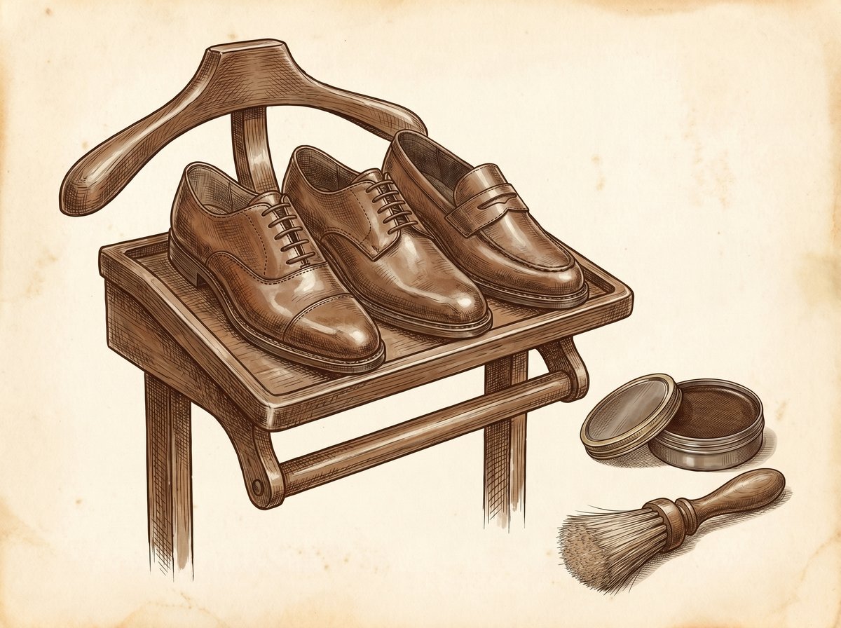 A vintage-style pen and ink illustration showing three classic men's shoes—an Oxford, a Derby, and a Loafer—arranged on a wooden valet stand. Beside them, a tin of wax polish and a horsehair brush.