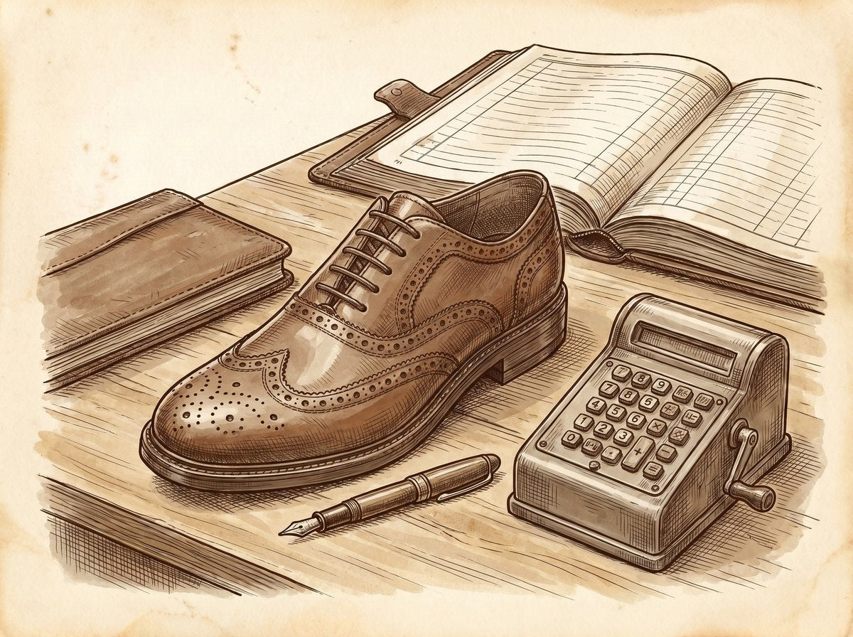 A close-up, vintage pen-and-ink drawing of a classic leather brogue sitting next to a calculator and a fountain pen on a wooden desk. A ledger book is visible in the background.