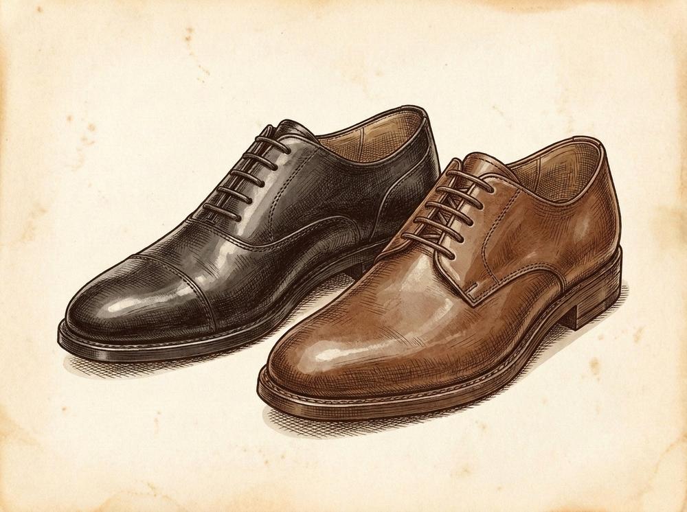 Two classic leather dress shoes side by side — a black Oxford with closed lacing and a brown Derby with open lacing — pen-and-ink sepia illustration on aged parchment, no text or labels