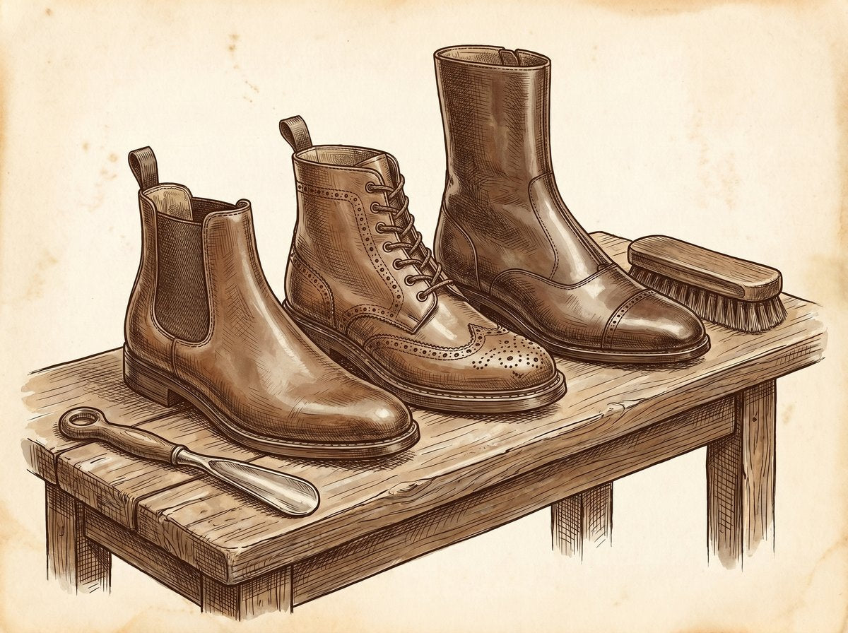 A vintage, cross-hatched ink illustration of three men's dress boots—a Chelsea, a Brogue, and a Balmoral—arranged side-by-side on a wooden cobbler's bench, with a shoe horn and polishing brush nearby.