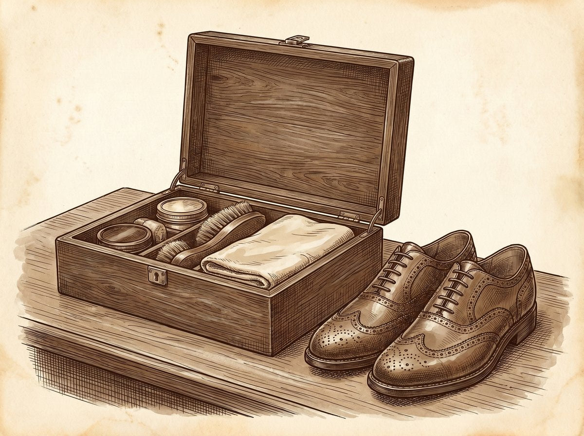 A vintage pen & ink illustration of a wooden valet box, open on a gentleman's dressing table. Inside, horsehair brushes, tins of polish, and a soft cotton cloth are neatly arranged. A pair of polished leather brogues sits beside the box.