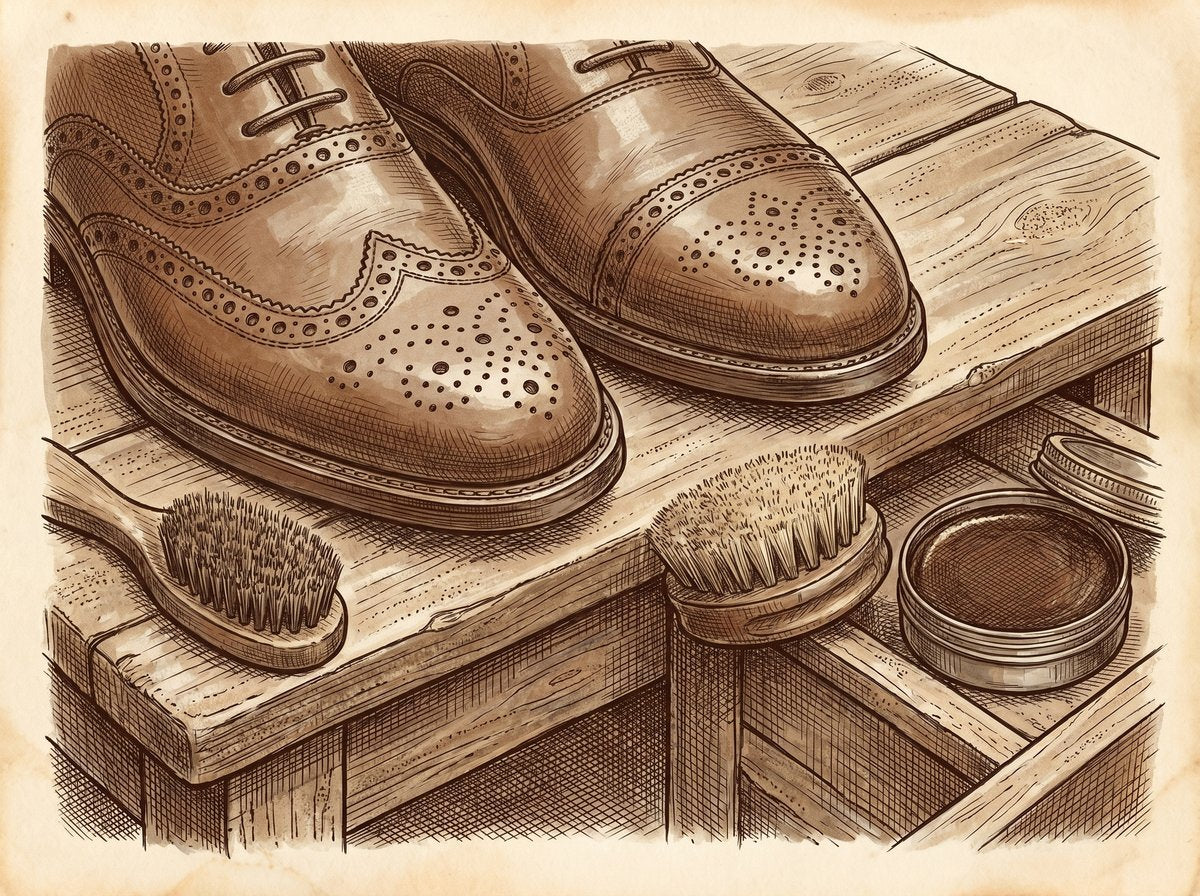 A close-up, pen and ink sketch of the toe caps of a full brogue and a semi-brogue side-by-side on a wooden cobbler's bench. A small brush and tin of polish sit nearby.