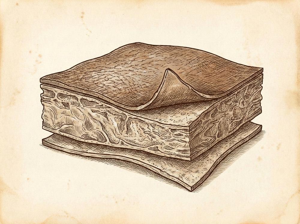 pen-and-ink cross-section diagram of a leather hide showing grain layers, aged sepia parchment background, precise technical illustration style