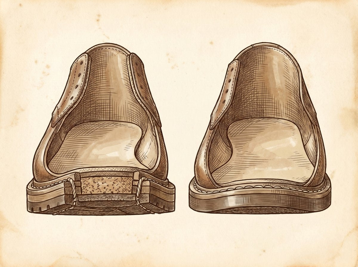 A vintage technical drawing or patent illustration showing a cross-section of a Goodyear welted shoe and a Blake stitched shoe, with parts labelled in an elegant script. The style should be reminiscent of early 20th-century engineering diagrams.