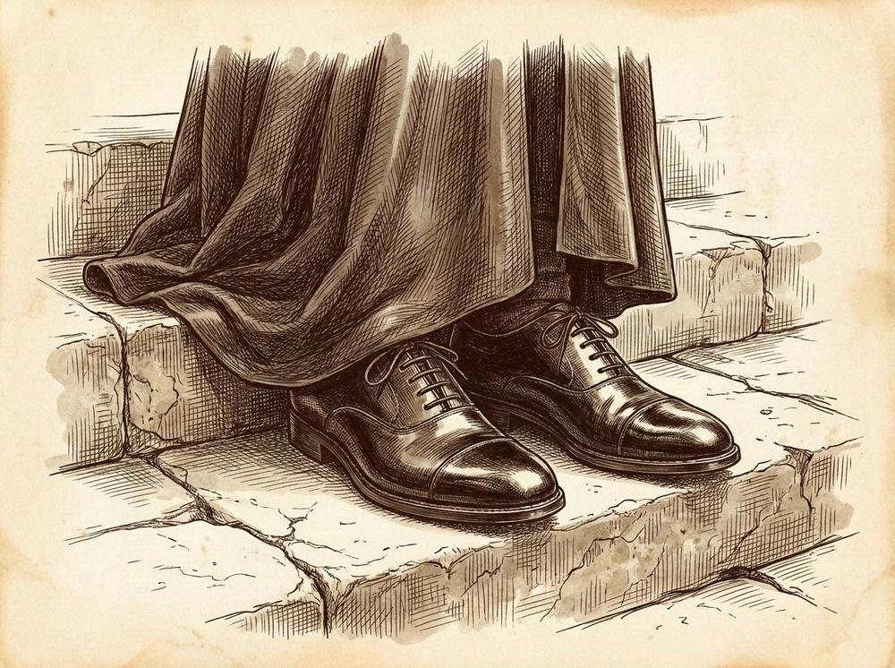 Polished black Oxford shoes resting on stone steps with the hem of an academic gown visible above, pen-and-ink sepia illustration
