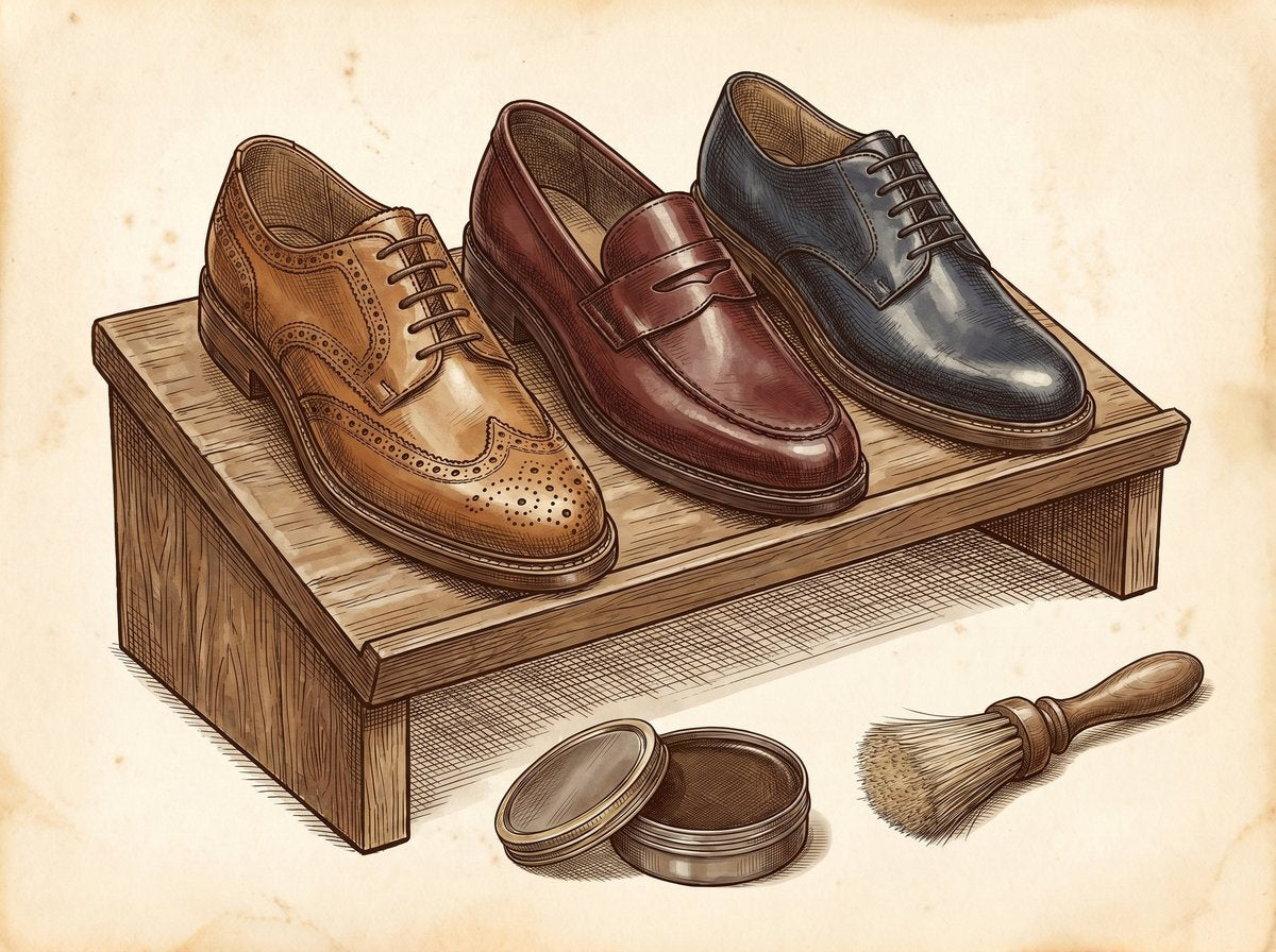 A vintage, cross-hatched ink illustration showing three men's dress shoes—a tan brogue, an oxblood loafer, and a navy derby—arranged neatly side-by-side on a wooden valet stand. A tin of shoe polish and a brush sit nearby.