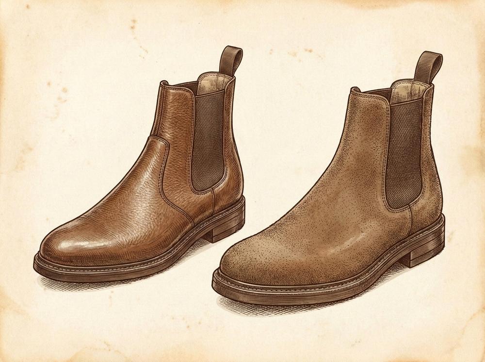 pen-and-ink illustration of two Chelsea boots side by side, one grain leather and one suede with elastic side panel detail visible, aged sepia parchment background, precise British heritage illustration style, fine line
